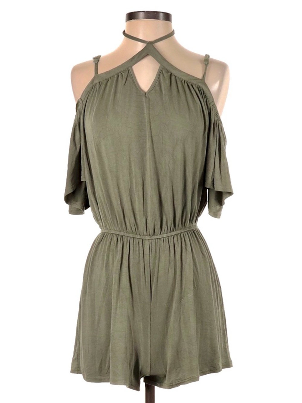 She + Sky Womens Olive Green Romper Small Cold Shoulder Adjustable